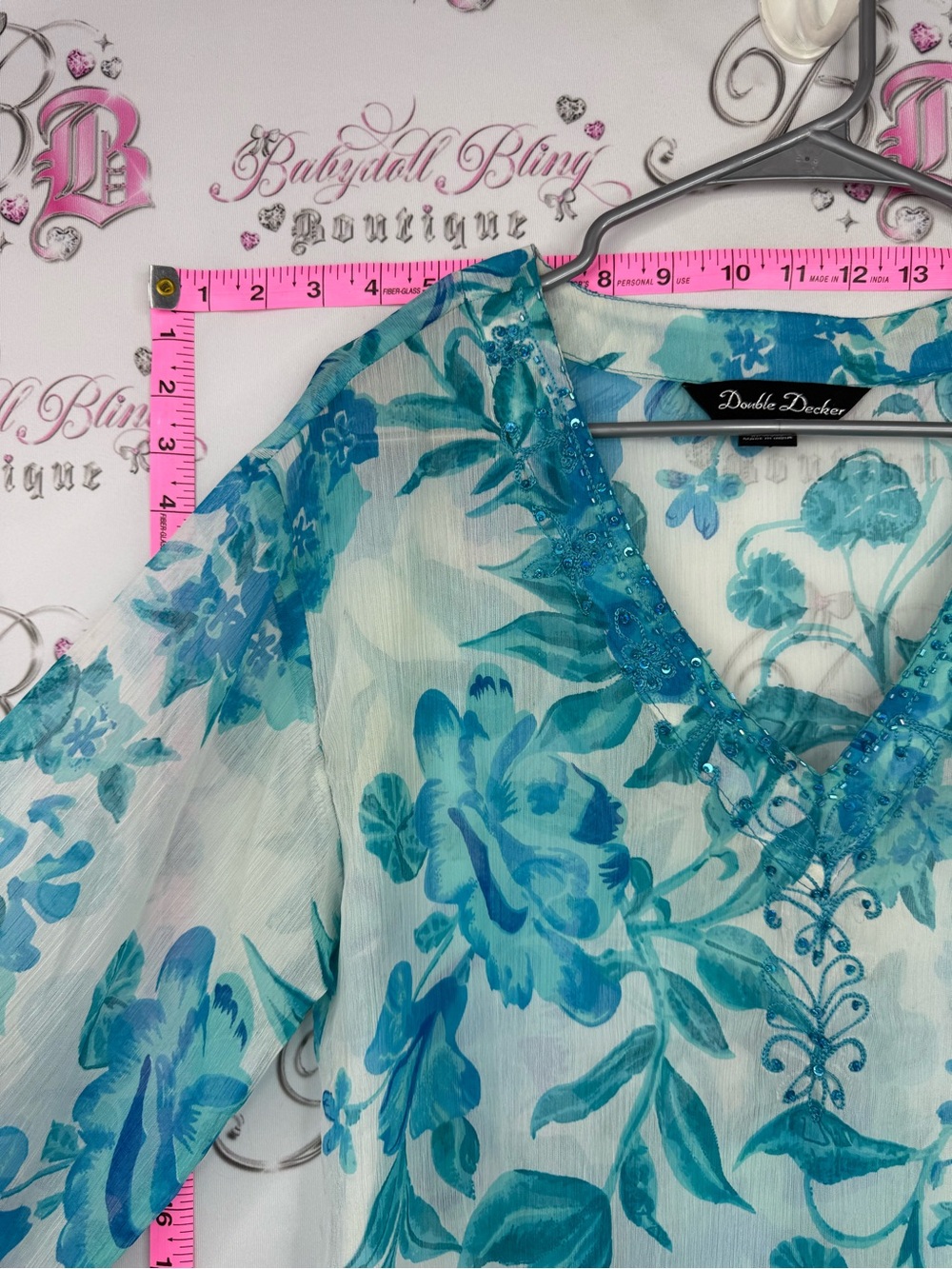 Double Decker coverup mini dress. Ranch Teal Floral V-Neck Sheer beaded - Picture 3 of 9
